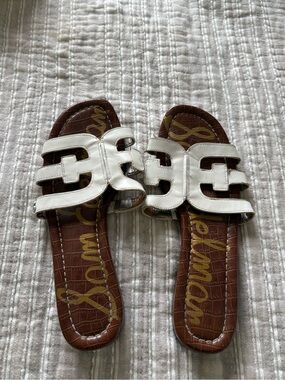 Sam Edelman White Leather Slide Sandals with Brown Footbed